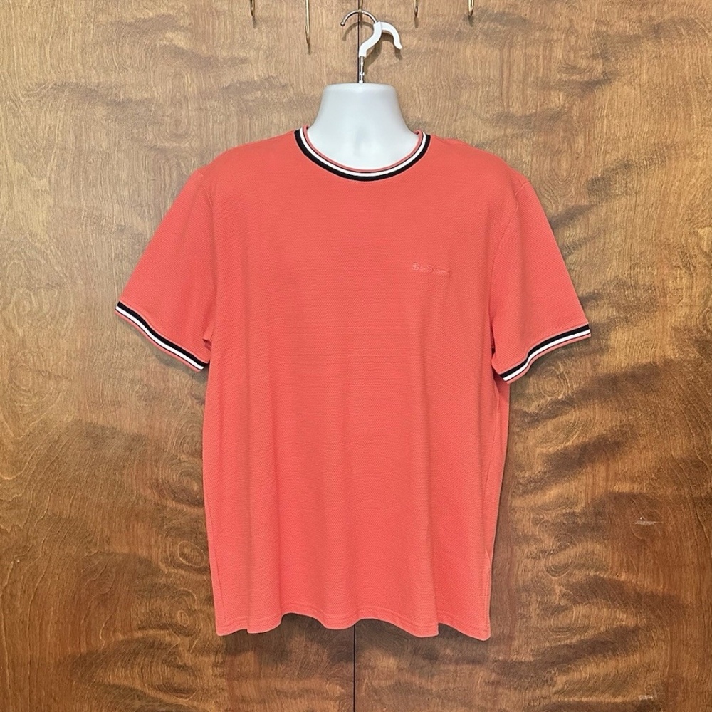 Ben Sherman Tipped Short Sleeve Henley Shirt Mens L Salmon Honeycomb Cotton Knit